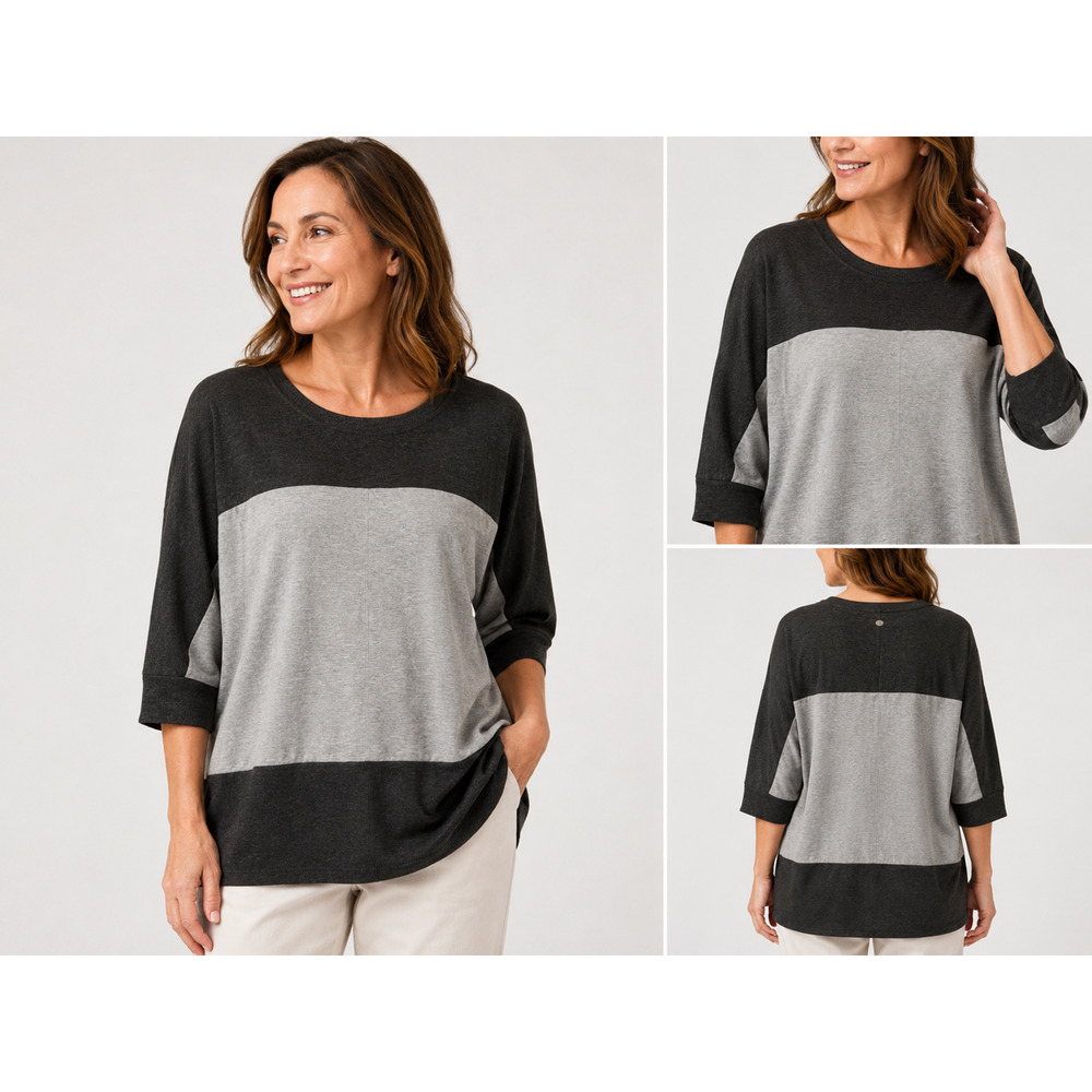 Tahari Sport Women’s 1X Colorblock Tunic Top Gray Black 3/4 Sleeve Soft Knit